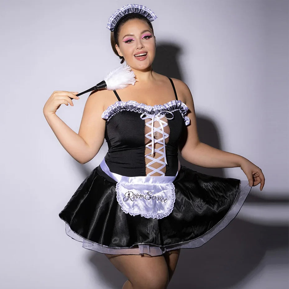 Alluring Maid Cosplay Lingerie Plus Size Lace Babydoll