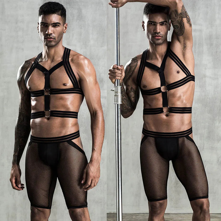 Alluring Waiter Uniform Cosplay Lingerie Set Black Mesh Men