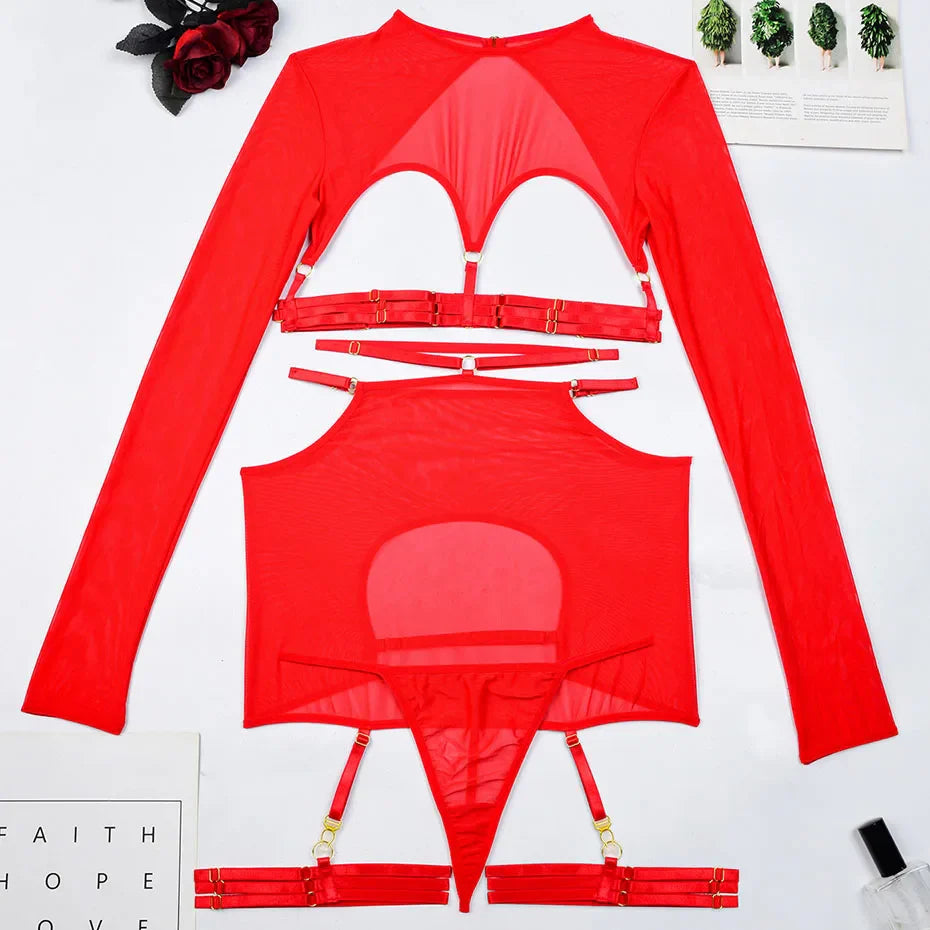 Women Red Thermal Underwear Set Backless Bondage Top & Skirt