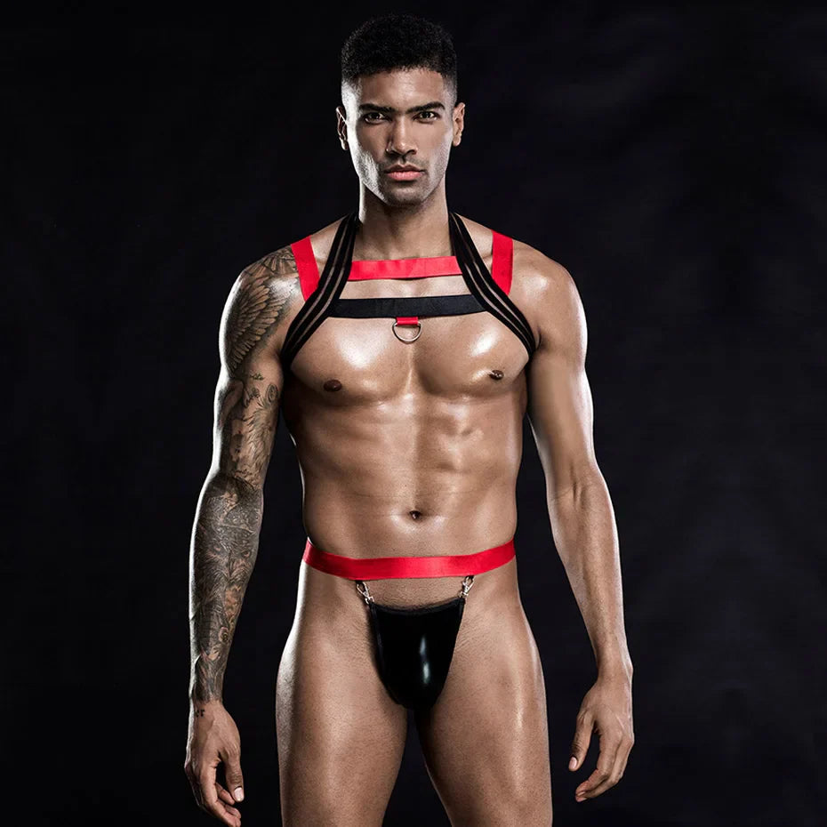 Men Alluring Leather Bodysuit Hollow Out One-Piece