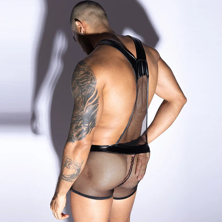 Men Alluring Leather Bodysuit Hollow Out One-Piece
