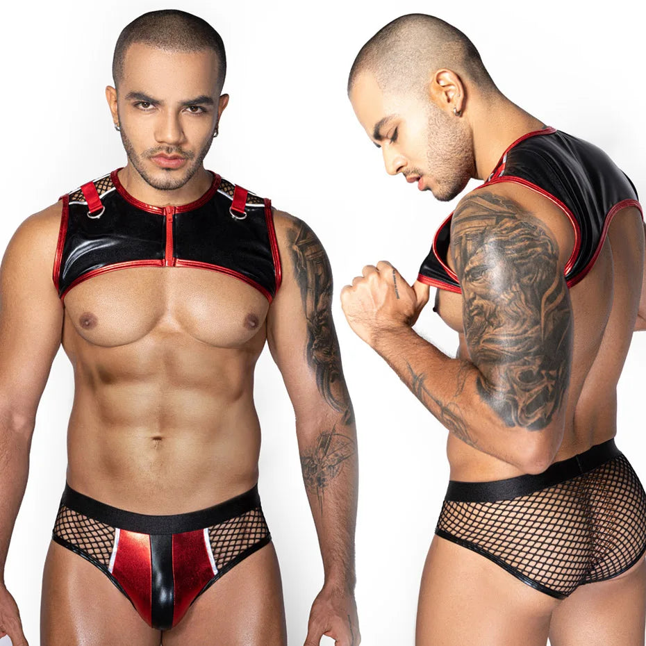 Men Leather Bodysuit & Pants Set Alluring Lingerie