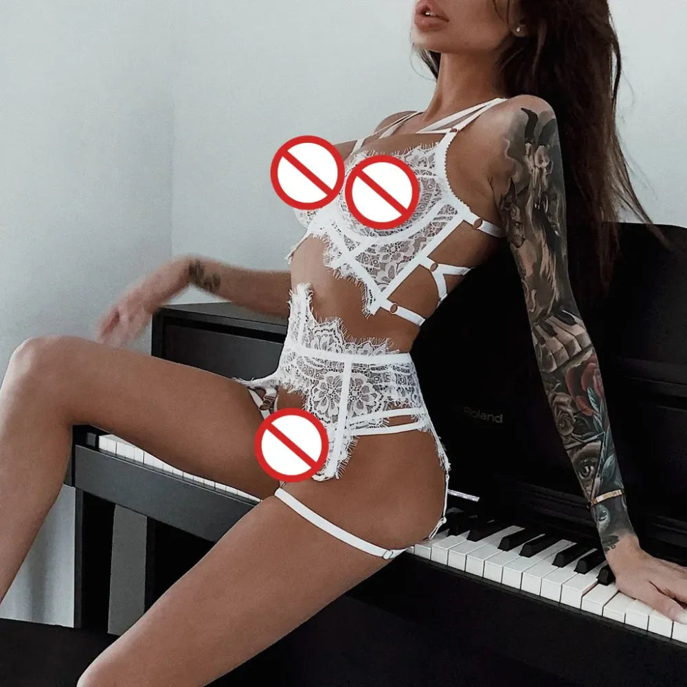 Floral Lace V Neck Lingerie Set Sexy Nightwear With Garter